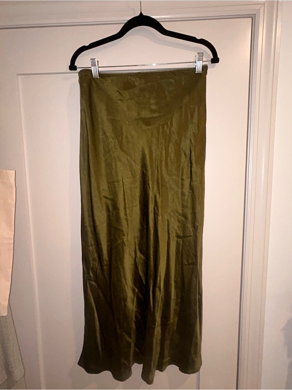 Reformation Olive Green Satin Midi Skirt